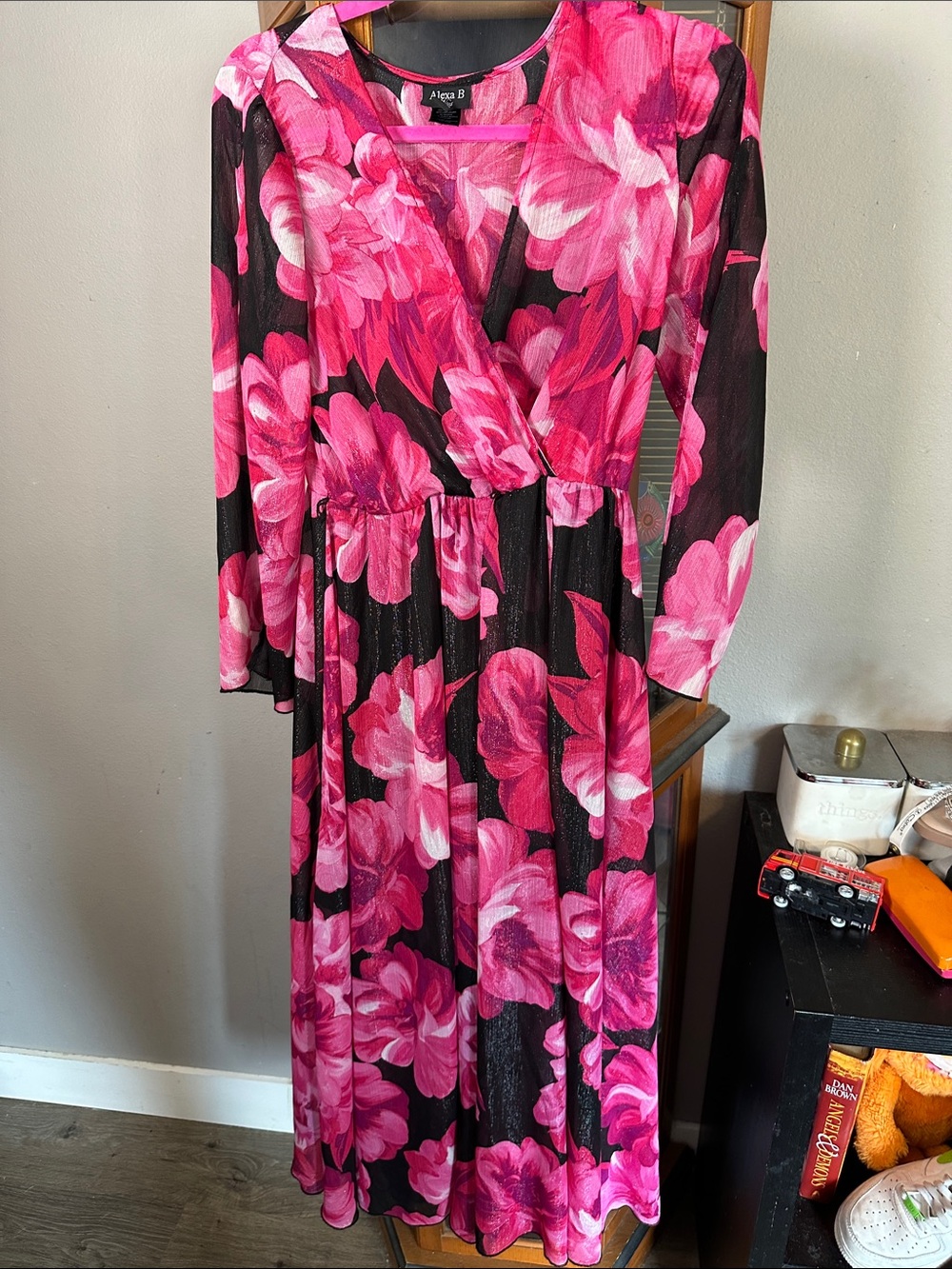 Alexa B Nites Pink Shimmer Floral Long Sleeve Maxi Dress